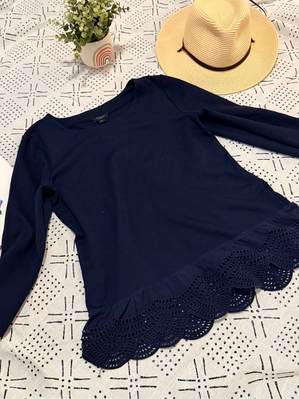 Ann Taylor Navy Long Sleeve Top with Scalloped Eyelet Hem